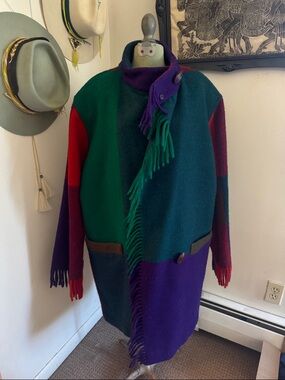 Gallery Colorblock Fringe Wool Coat - Green, Teal, Purple, Red